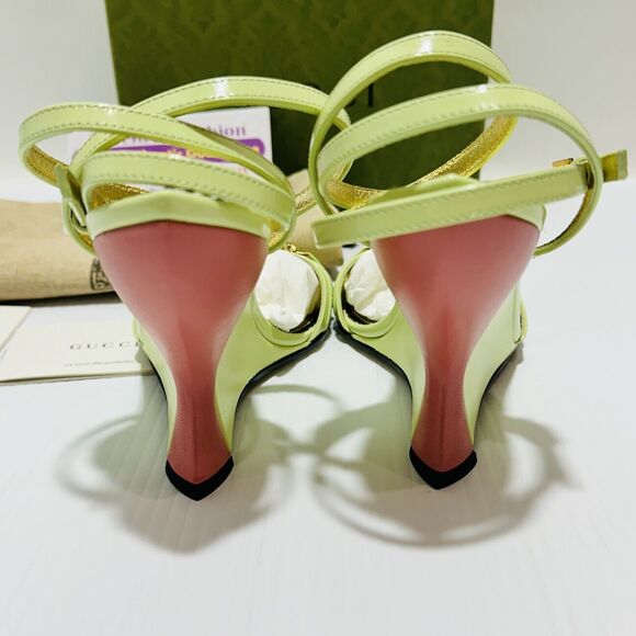 Gucci 37/ US 7 Two-Toned Dora Embellished Crystal Wedge Green Sandals NIB $1,250 - Picture 8 of 13